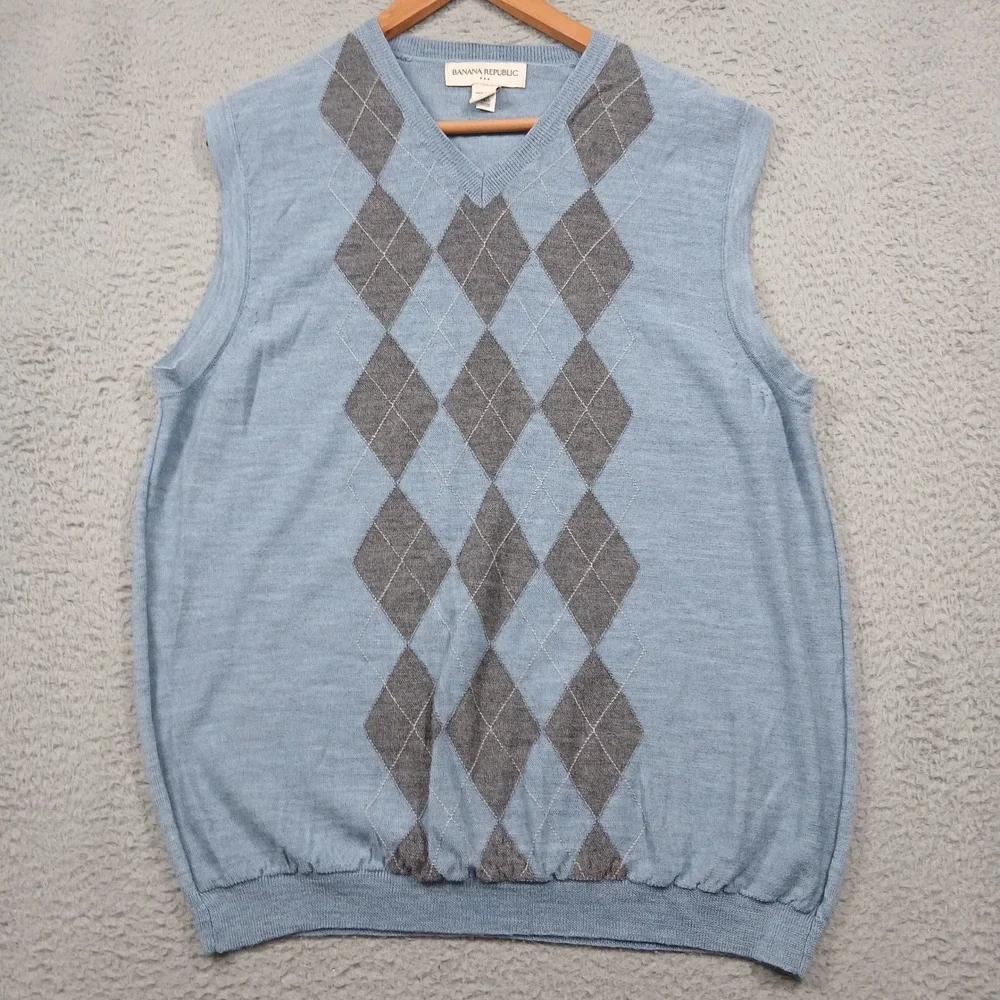 Banana Republic Wool Argyle Sweater Vest Men's XL Blue Gray V-Neck Classic‎ Knit